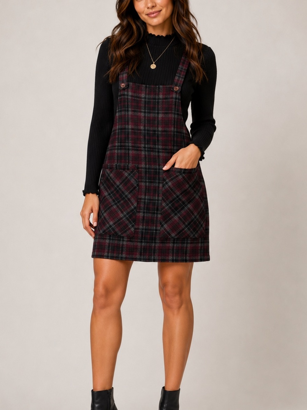 Sky and Sparrow Plaid Pinafore Jumper Dress Size S Burgundy Gray Black